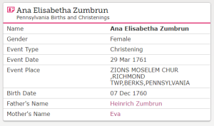 Ana Elisabetha Zumbrun birth record