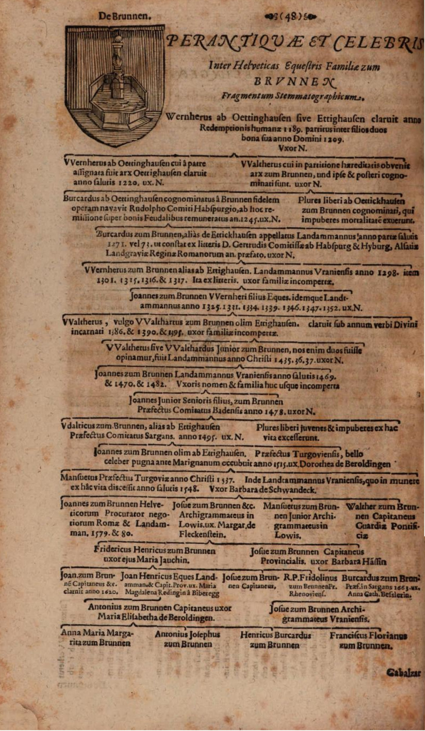 Bucelin's genealogy of the Zumbrunnen family, published in 1678