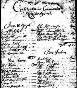 Beginning in 1716, the church kept a detailed handwritten record of attendees at church services. The first list here seems to be people who took communion at the Epiphany service.