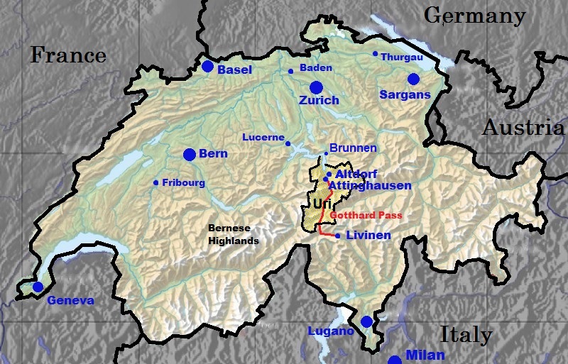A map of the locations of significance to the Zumbrunnen family in Switzerland
